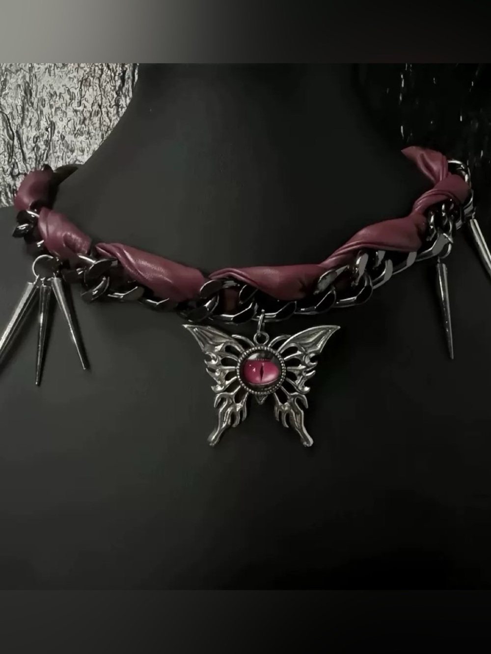 Anthropologie Pink Leather-Wrapped Silver Butterfly Spike Necklace